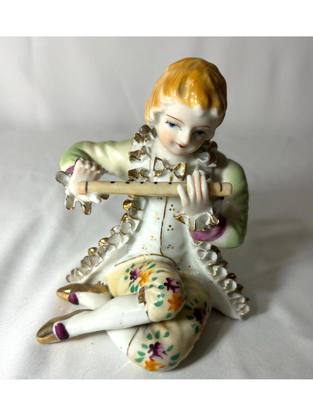 Vintage Handpainted Bone China Lace Figurine Japan Flute Player
